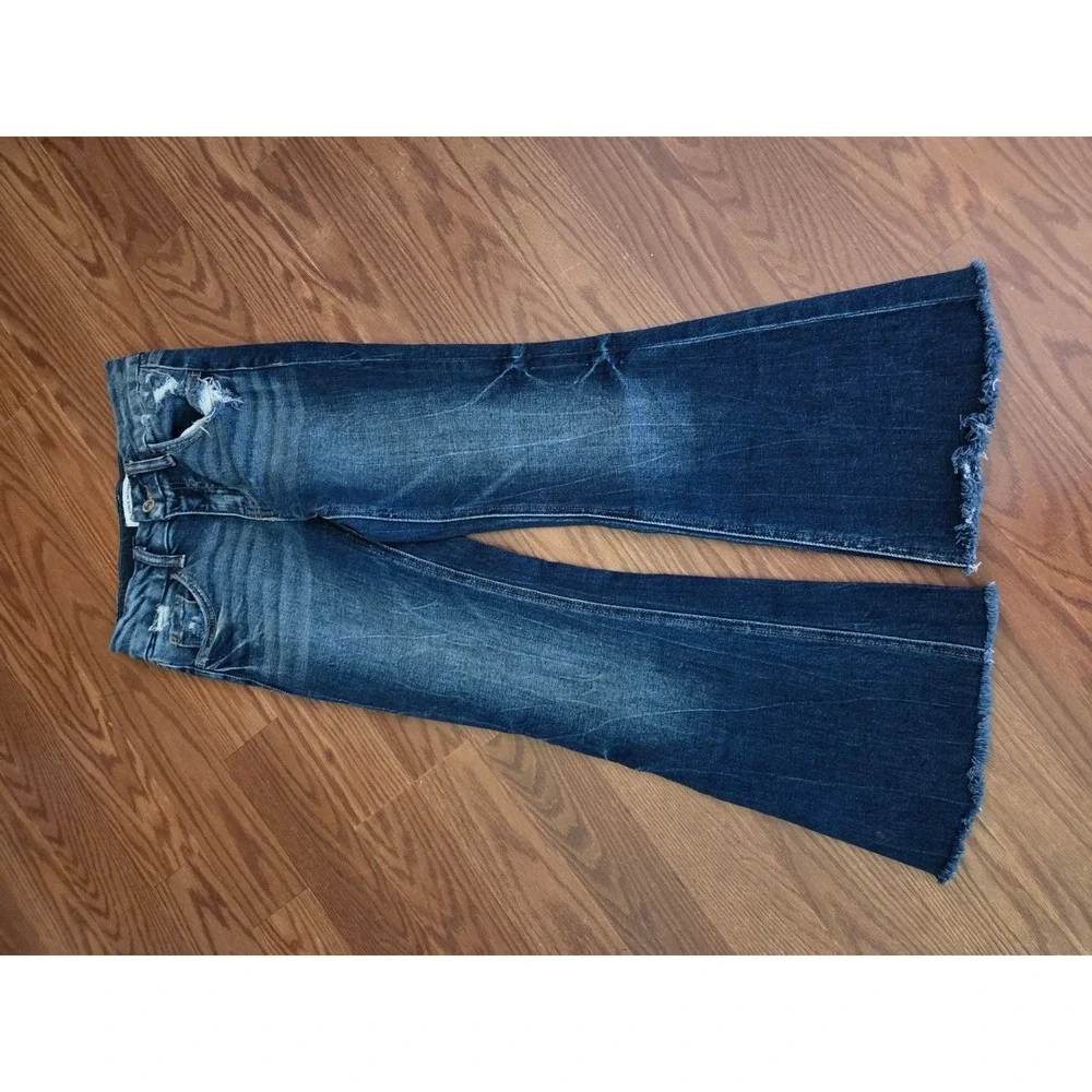 Flying Monkey Youth Girls Mid Rise Flare Jeans Dark Wash Distressed Raw Hem 10